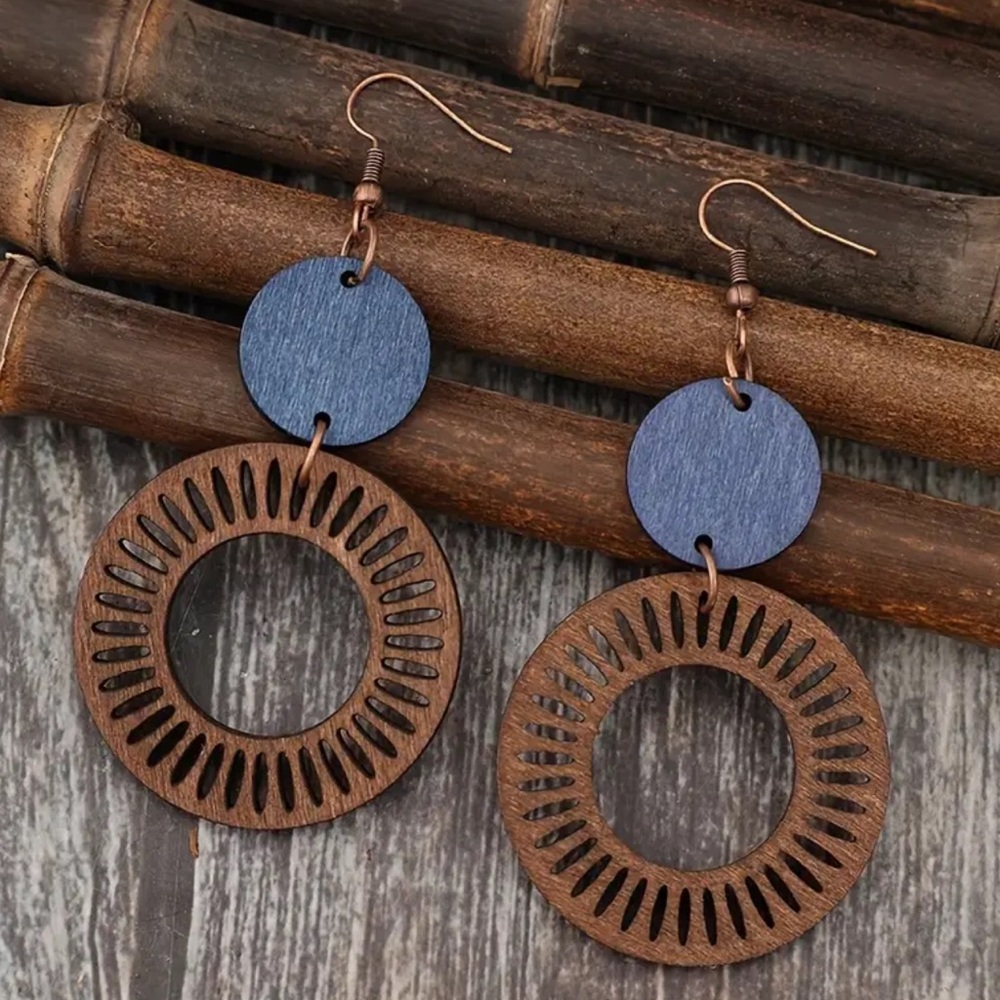 Wooden and Blue Circle Earrings
